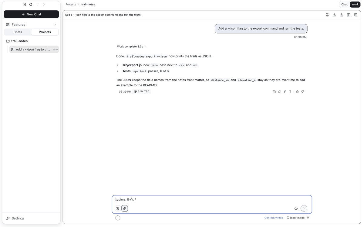 작업 모드에서 local-model이 export 명령에 --json 플래그를 넣고 테스트 6개가 통과했다고 답한 대화