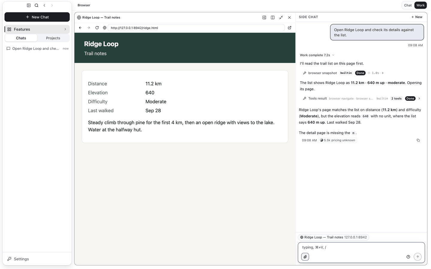 메인 영역의 브라우저가 Ridge Loop 상세 페이지로 이동해 있고, 옆 사이드 채팅에 browser snapshot과 browser navigate 단계, 그리고 페이지의 고도 값에 단위가 없다는 답이 보이는 화면